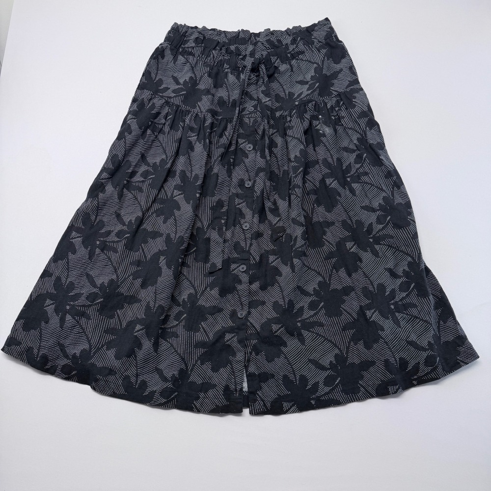 Universal Thread Black Floral Linen Blend Button Front Midi Skirt Large L